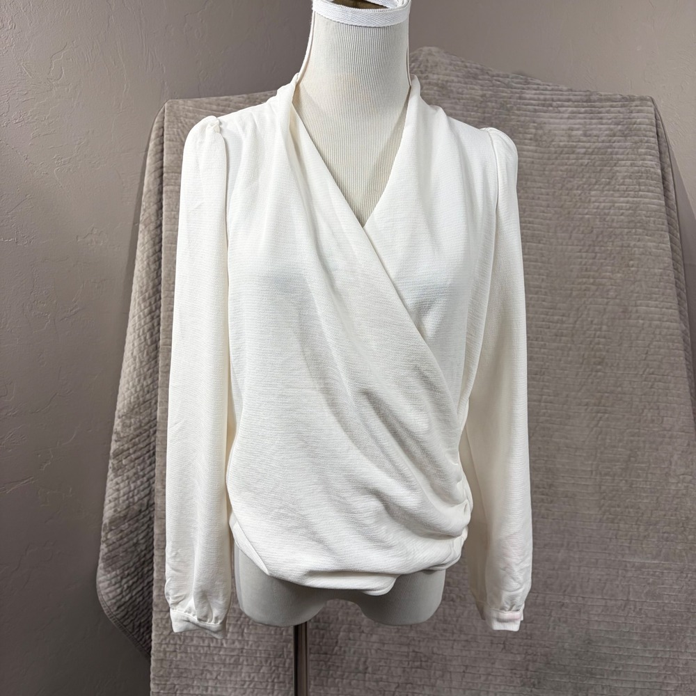 Sezane White Textured Wrap Blouse Long Sleeve Puff Shoulder Top Size 34